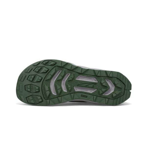התמונה מציגה את המבט התחתון של סוליית הנעל Altra Superior 6 A0A82CB000, הכוללת דפוס דריכה ירוק ואפור המיועד למשיכה.